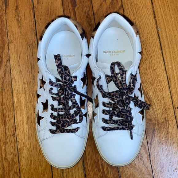 AUTHENTICATED Saint Laurent Leopard print Star Court Sneakers size 35.5 5.5 - Picture 10 of 11
